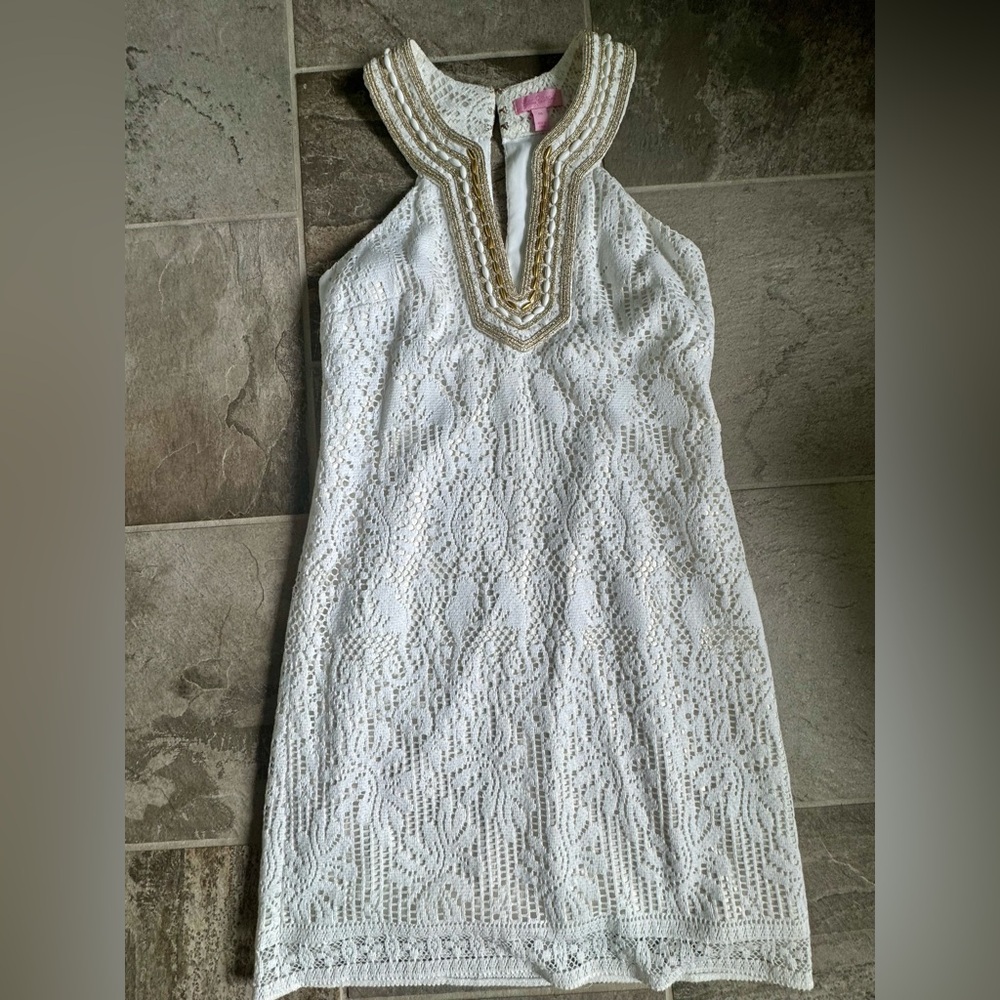 Lilly Pulitzer White Lace Dress with Gold Accents 00